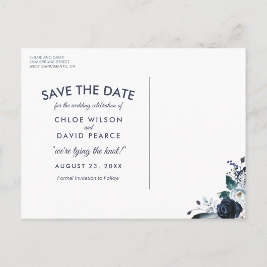 ネイビ素朴ー牡丹の水の色の保存日付 案内ポストカード (裏面)