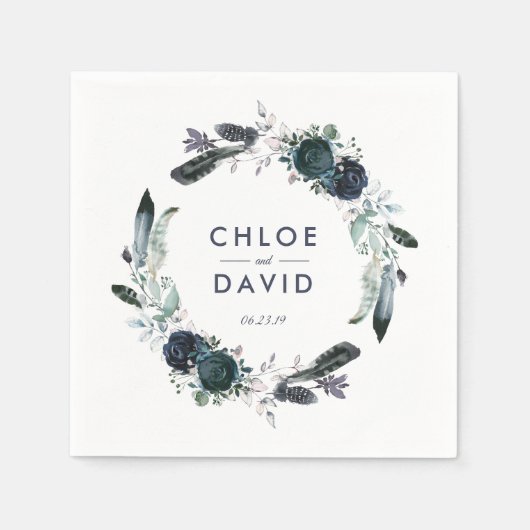 ネイビ素朴ー牡丹ウォーターパーソナライズされたカラー結婚ズ スタンダードカクテルナプキン (正面)