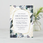 ネイビ素朴ー牡丹金ゴールド幾何学模様結婚枠 招待状 (スタンド正面)