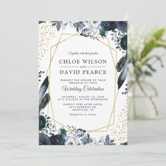 ネイビ素朴ー牡丹金ゴールド幾何学模様結婚枠 招待状 (スタンド正面)