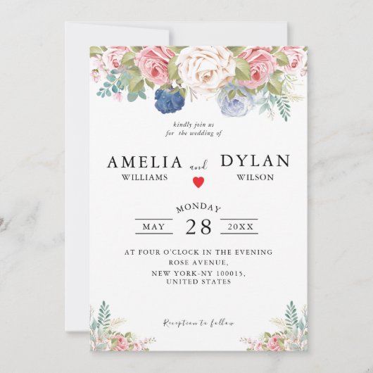 ネイビ素朴ー赤面ピンクモダンフローラ結婚ズ 招待状 (正面)