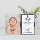 ネイビ素朴ー&ウッドフォトバプテスマサンキューカード 招待状 (スタンド正面)