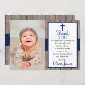 ネイビ素朴ー&ウッドフォトバプテスマサンキューカード 招待状 (正面/裏面)