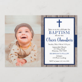 ネイビ素朴ー&ウッドボーイフォトバプテスマ 招待状