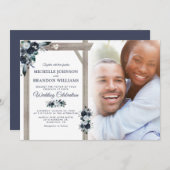 ネイビ素朴ー&ダスティブルーフローラフォト結婚ズ 招待状 (正面/裏面)