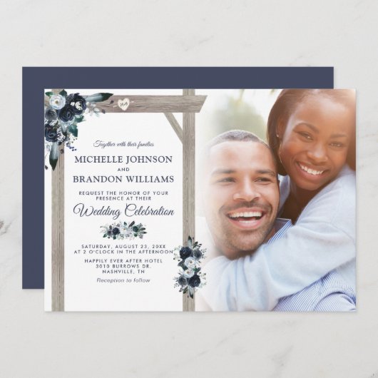 ネイビ素朴ー&ダスティブルーフローラフォト結婚ズ 招待状 (正面/裏面)