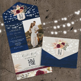 ネイビ素朴ーQRコードオールインワン招待状 オールインワン招待状