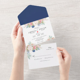 ネイビ素朴赤面ピンクフローラモダン オールインワン招待状