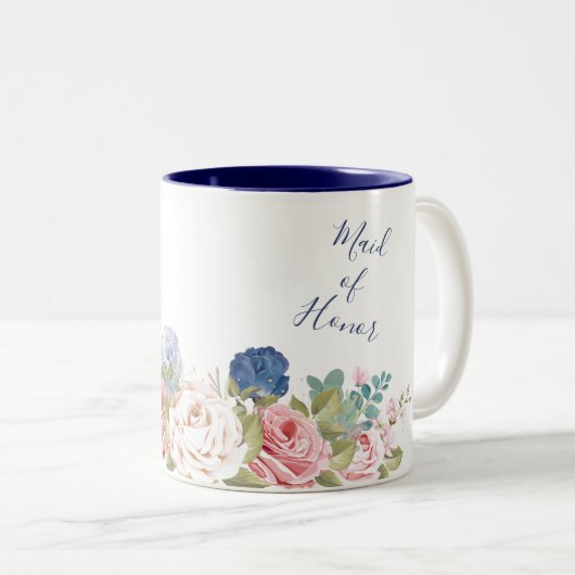 ネイビ素朴赤面ピンクモダンフローラ結婚ズ ツートーンマグカップ (正面右)