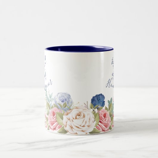 ネイビ素朴赤面ピンクモダンフローラ結婚ズ ツートーンマグカップ (中央)
