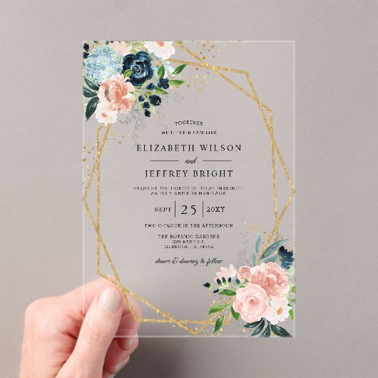 ネイビ素朴赤面金ゴールドフローラ幾何結婚の アクリル招待状 (インサイチュ (ポータブル))
