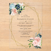 ネイビ素朴赤面金ゴールドフローラ幾何結婚の アクリル招待状 (正面)