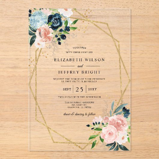 ネイビ素朴赤面金ゴールドフローラ幾何結婚の アクリル招待状 (正面)