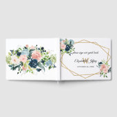 ネイビ素朴赤面金ゴールドフローラ幾何結婚の ゲストブック (全面)