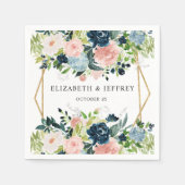 ネイビ素朴赤面金ゴールドフローラ幾何結婚の スタンダードカクテルナプキン (正面)