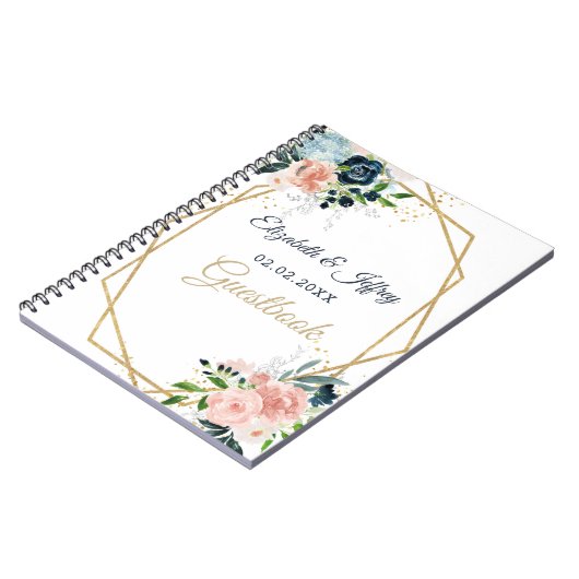 ネイビ素朴赤面金ゴールドフローラ幾何結婚の ノートブック (左側)