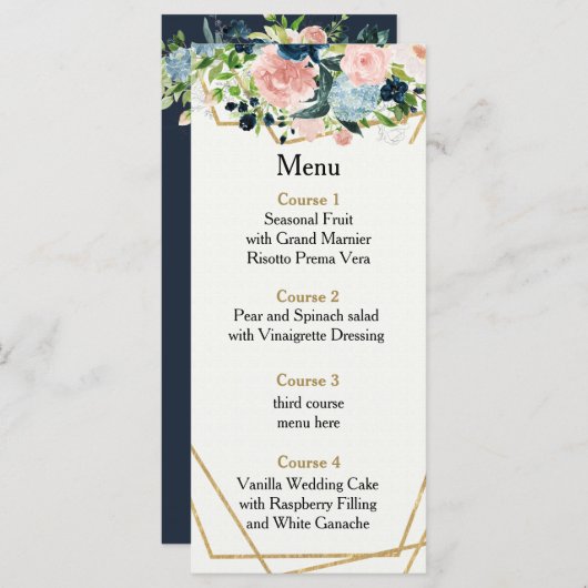 ネイビ素朴赤面金ゴールドフローラ幾何結婚の メニュー (正面/裏面)