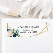 ネイビ素朴赤面金ゴールドフローラ幾何結婚の ラベル (インサイチュ)