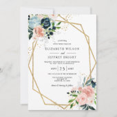 ネイビ素朴赤面金ゴールドフローラ幾何結婚の 招待状 (正面)