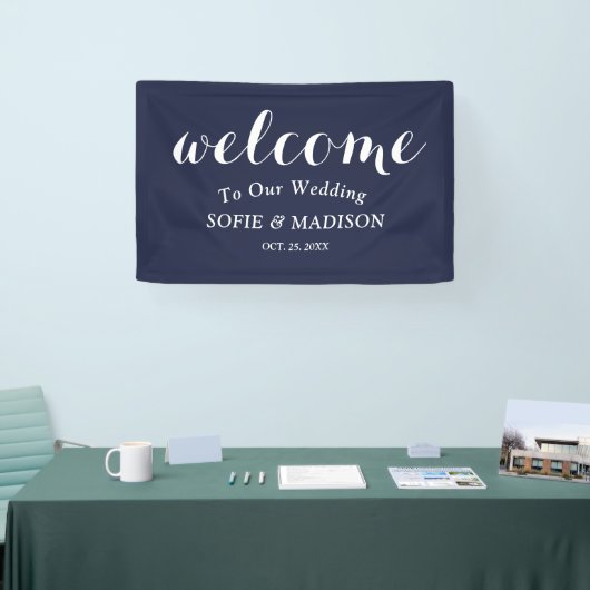 ネイビ結婚ーブルーの歓迎エレガントサイン 横断幕 (トレードショー)