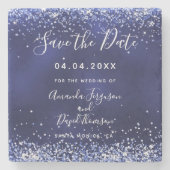 ネイビ結婚ーブルーグリッター日付を保存 ストーンコースター (正面)