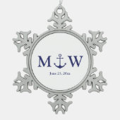 ネイビ結婚ー航海の・ブルー・ホワイト・モノグラム スノーフレークピューターオーナメント (正面)