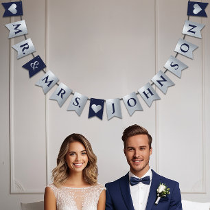 ネイビ結婚ー・ブルーフェイク・シルバーのハート夫妻 バンティングフラッグ