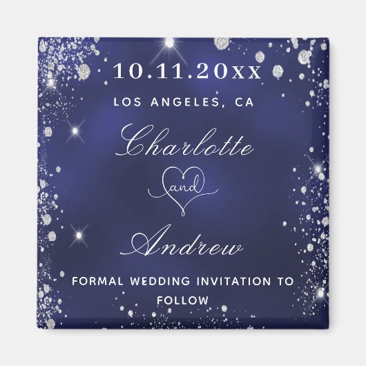 ネイビ結婚ー・ブルー・シルバー・グリッターが日付を保存 マグネット (正面)