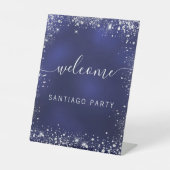 ネイビ結婚ー・ブルー・シルバー・ネーム・スクリプトへようこそ 台座サイン (正面)