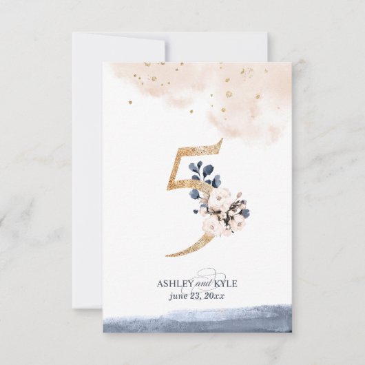 ネイビ結婚ー、赤面、金ゴールドのテーブル番号 招待状 (正面)