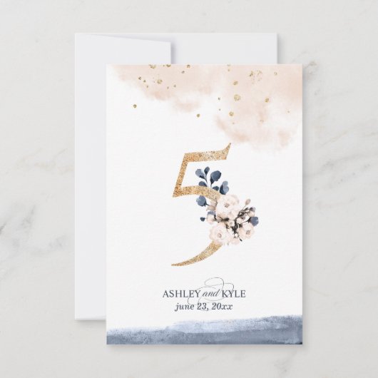 ネイビ結婚ー、赤面、金ゴールドのテーブル番号 招待状 (裏面)