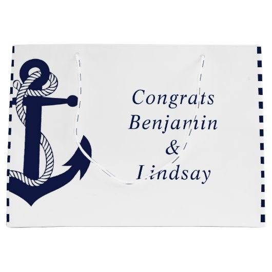 ネイビ航海のストライプのいかり結婚ズ ラージペーパーバッグ (正面)