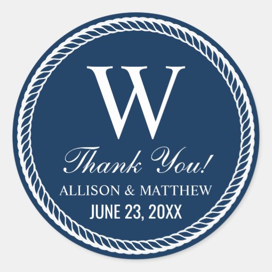 ネイビ航海のロープズ結婚モノグラムありがとう ラウンドシール (正面)
