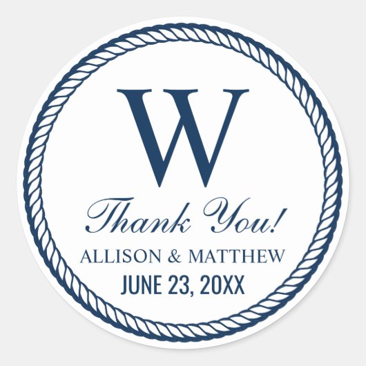 ネイビ航海のロープズ結婚モノグラムありがとう ラウンドシール (正面)