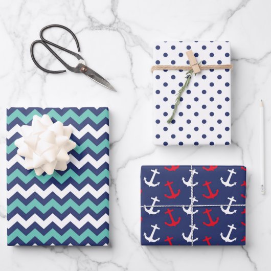 ネイビ航海のーいかりキュート水玉模様ジグザグボーイ ラッピングペーパーシート (正面)
