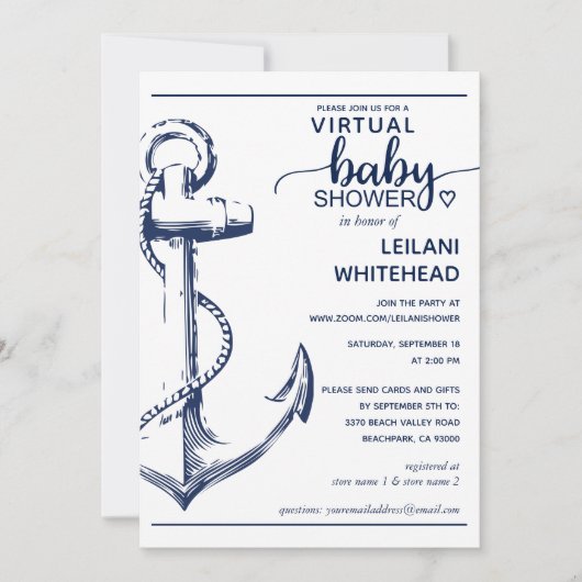ネイビ航海のーいかりバーチャル赤ちゃんシャワー 招待状 (正面)