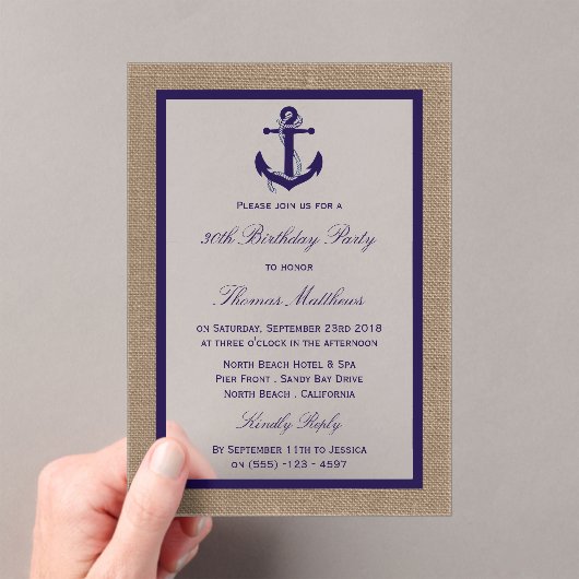 ネイビ航海のーいかりバーラップビーチバースデーパーティー アクリル招待状 (インサイチュ (ポータブル))