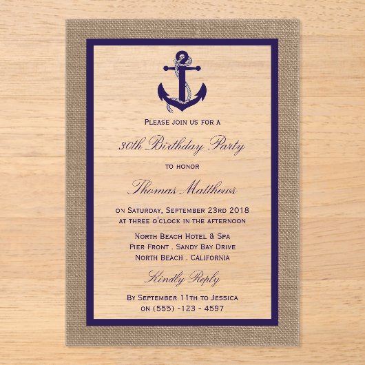 ネイビ航海のーいかりバーラップビーチバースデーパーティー アクリル招待状 (正面)