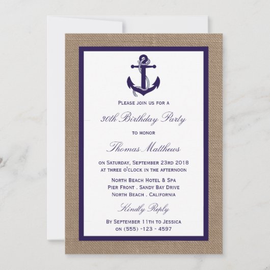 ネイビ航海のーいかりバーラップビーチバースデーパーティー 招待状 (正面)