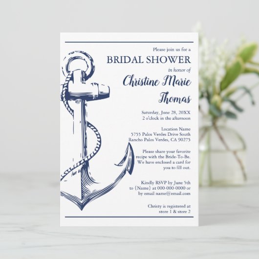 ネイビ航海のーいかりブライダルシャワーレシピ要求 招待状 (スタンド正面)