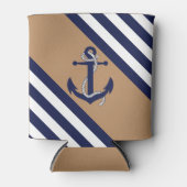 ネイビ航海のーいかり/ロープ、ブルーストライプブラウン – lt brown 缶クーラー (正面)