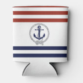 ネイビ航海のーいかり/ロープ、赤/青ストライプ色 缶クーラー (正面)