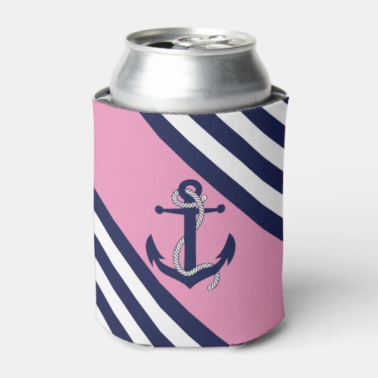 ネイビ航海のーいかり/ロープ、青ストライプ色 – ピンク 缶クーラー (缶正面)