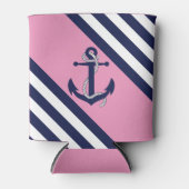 ネイビ航海のーいかり/ロープ、青ストライプ色 – ピンク 缶クーラー (正面)