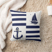 ネイビ航海のーいかり/帆船/ネイビーブルーストライプー クッション (ブランケット)