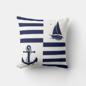 ネイビ航海のーいかり/帆船/ネイビーブルーストライプー クッション (正面)