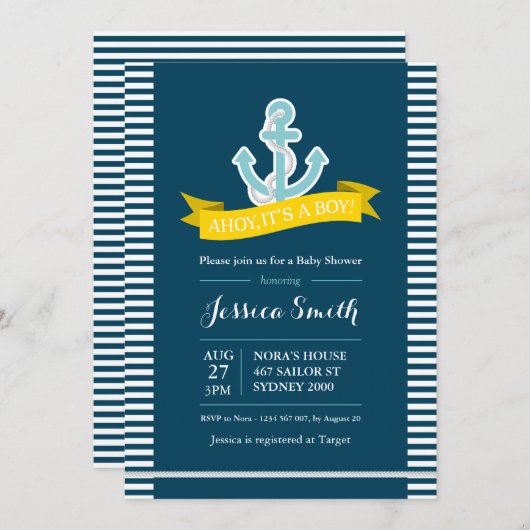 ネイビ航海のーとイエローベイビーシャワー招待状 招待状 (正面/裏面)