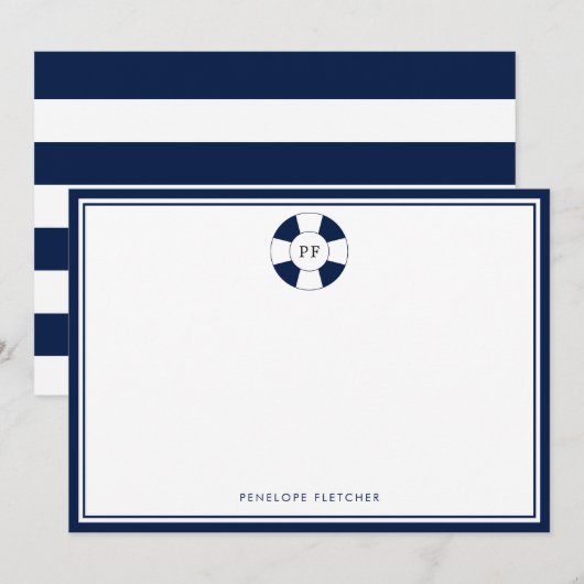 ネイビ航海のーとホワイトのストライプモノグラムノートカード ノートカード (正面/裏面)