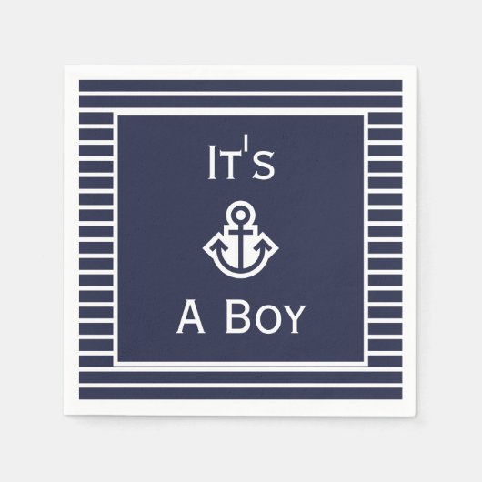 ネイビ航海のーとホワイト男の子のナプキンスストライプのだ スタンダードカクテルナプキン (正面)