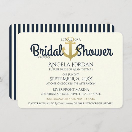 ネイビ航海のーと金ゴールドいかりブライダルシャワー 招待状 (正面/裏面)